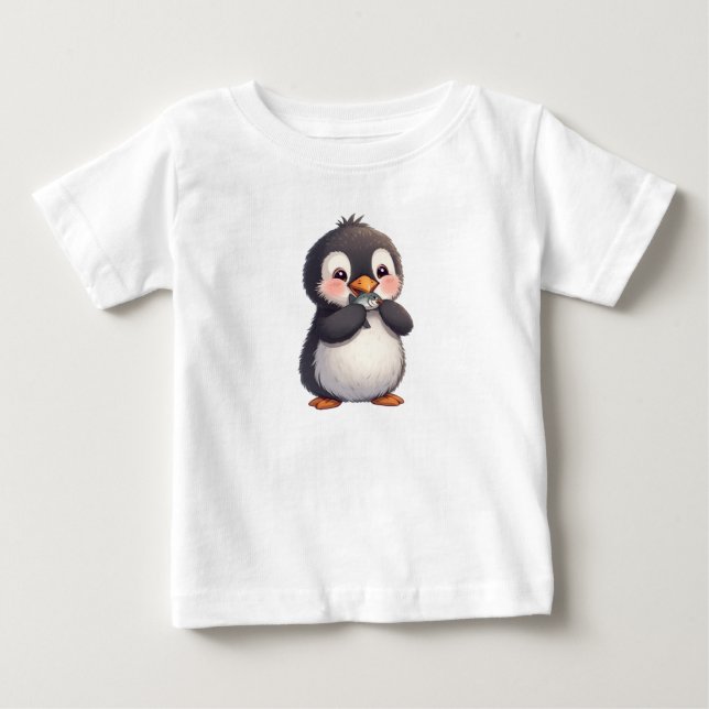 Camiseta Pinguim Fofo com Peixe (Frente)
