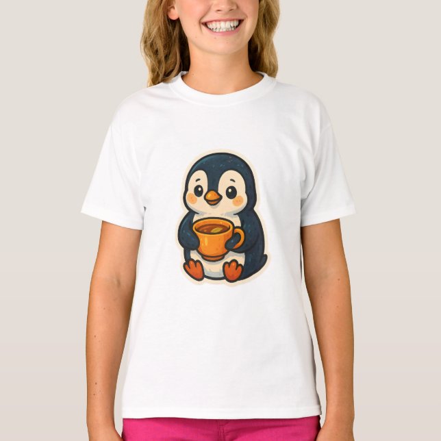 Camiseta Pinguim fofo com uma xícara de chá (Frente)