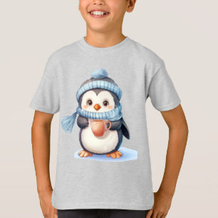 Camiseta Pinguim giro com roupa de inverno e taça