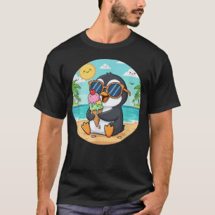 Camiseta Pinguim Kawaii da Praia com Óculos de Sol e Gelo