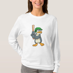 Camiseta Pinguim no Baseball com bastão de baseball e capac