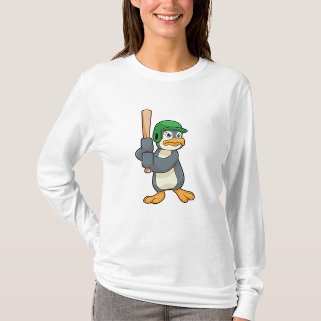 Camiseta Pinguim no Baseball com bastão de baseball e capac (Frente)