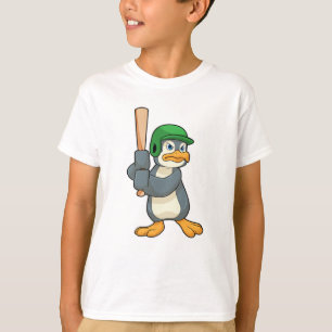 Camiseta Pinguim no Baseball com bastão de baseball e capac