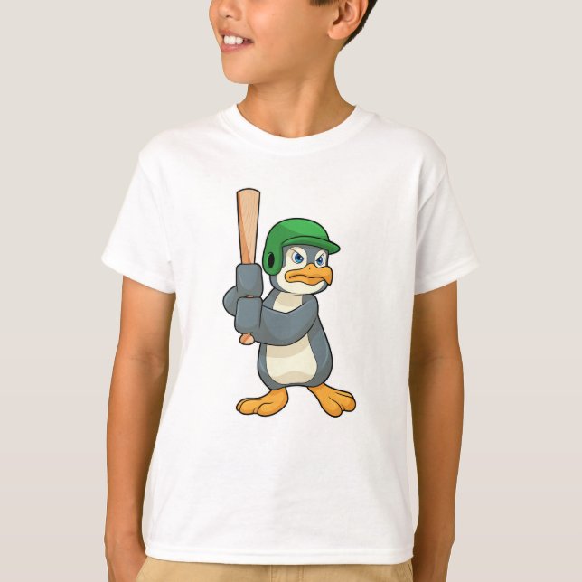 Camiseta Pinguim no Baseball com bastão de baseball e capac (Frente)