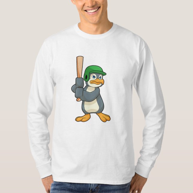 Camiseta Pinguim no Baseball com bastão de baseball e capac (Frente)