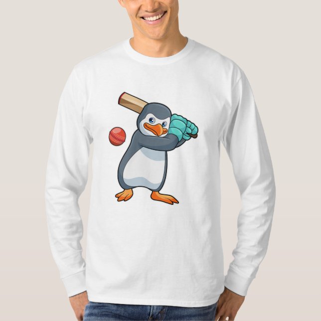 Camiseta Pinguim no críquete com morcego de críquete (Frente)