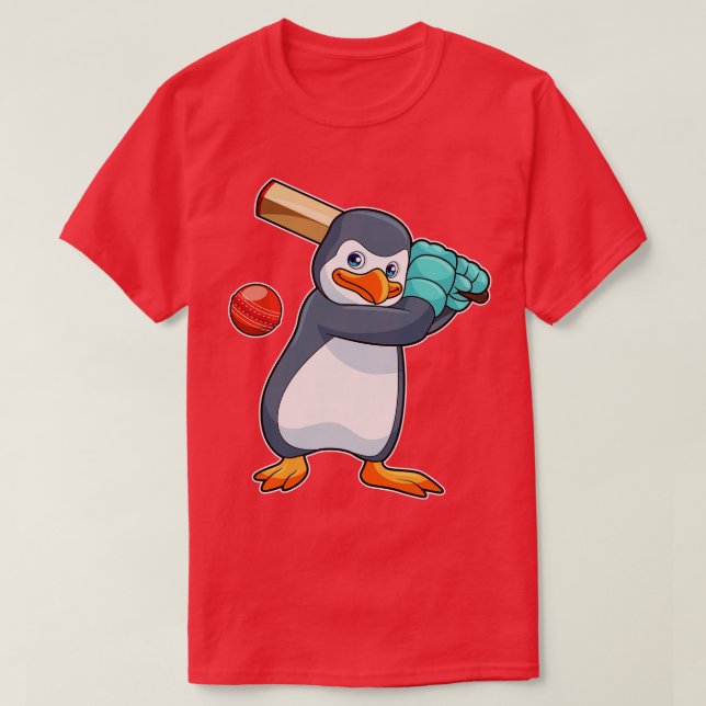 Camiseta Pinguim no críquete com morcego de críquete (Frente do Design)
