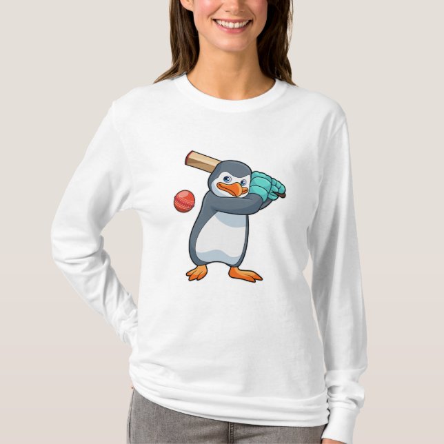 Camiseta Pinguim no críquete com morcego de críquete (Frente)