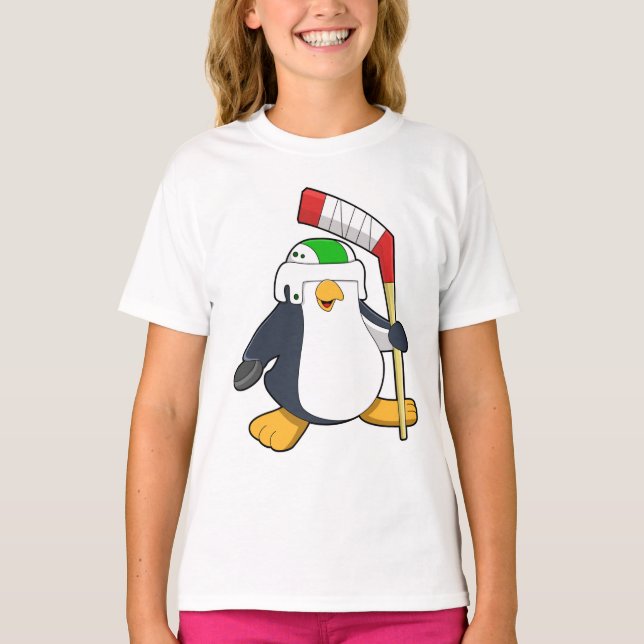 Camiseta Pinguim no hóquei no gelo com bastão de hóquei no  (Frente)