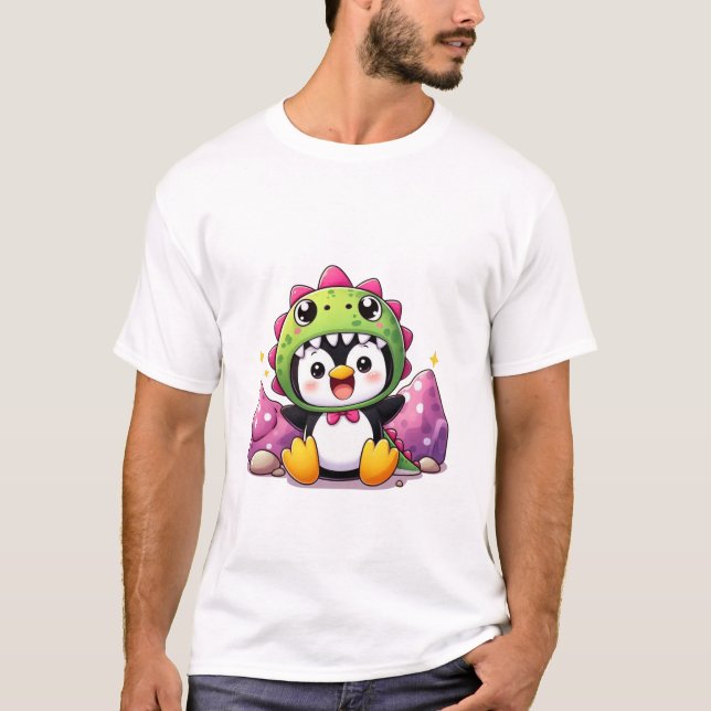 Camiseta Pinguim Pequeno em um Adorável Figurino de Dinossa (Frente)