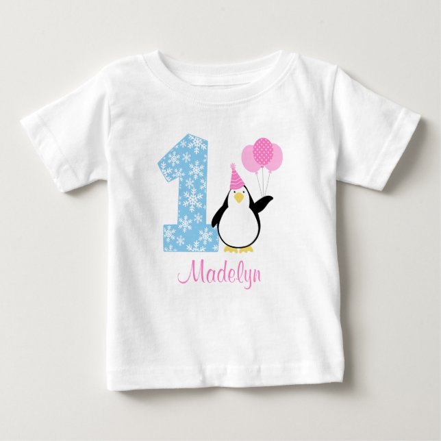 Camiseta Pinguim-rosa-azul Menina de inverno Onederland Ani (Frente)