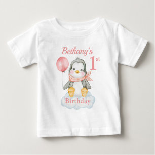 Camiseta Pinguim-Rosa primeiro aniversario Personalizado