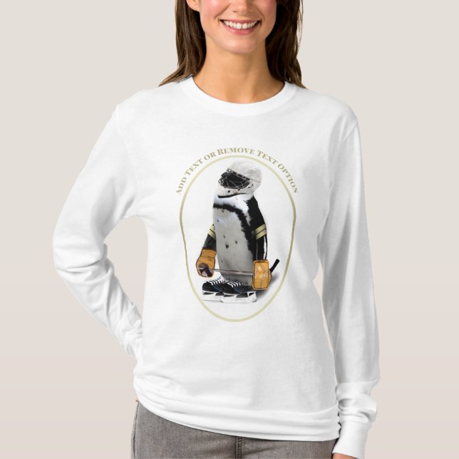Camiseta Pinguim Usando Equipamento de Hóquei no Gelo (Frente)