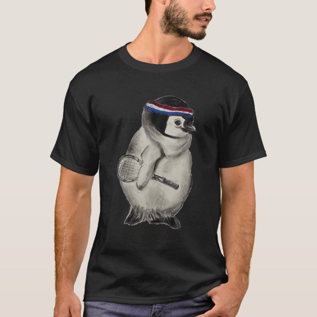 Camiseta Pinguin Tocando Tênis 1970S Estilo Fone (Frente)