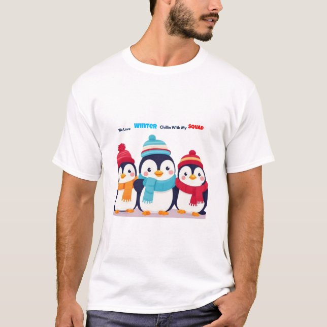 Camiseta Pinguins Fofos de Inverno Nós Amamos o Inverno (Frente)