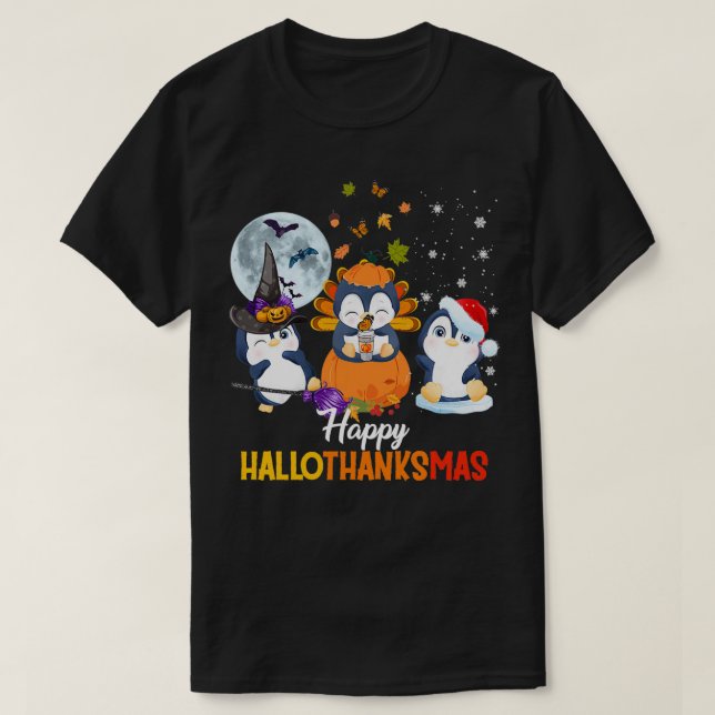 Camiseta Pinguins Halloween E Feliz Natal Hallo (Frente do Design)
