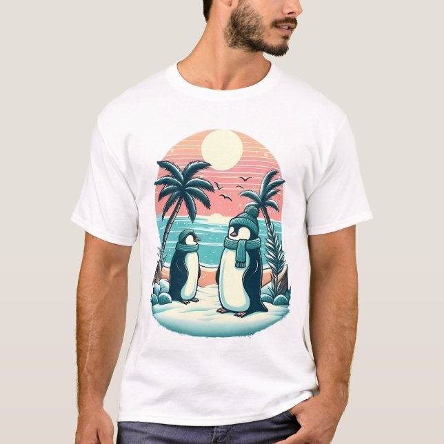 Camiseta Pinguins Tropicais – Vibrações de Férias de Invern (Frente)