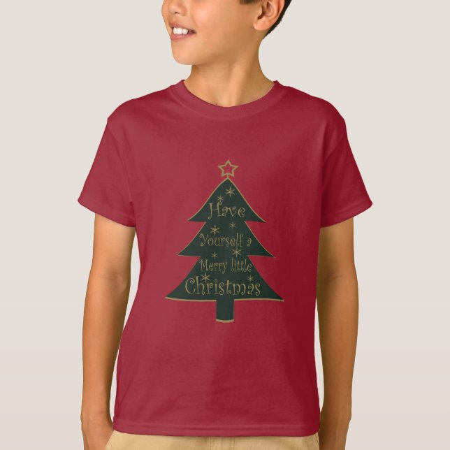 Camiseta Pinheira decorada de Natal feliz (Frente)