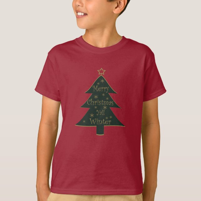 Camiseta Pinheiro decorado de Natal feliz (Frente)