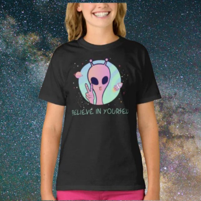 Camiseta Pink Alien Kids Acredite Em Si Mesmo (Criador carregado)