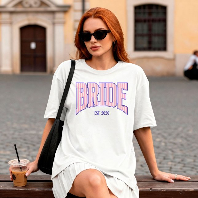 Camiseta Pink + Beige Stripe Navy Varsity BRIDE (Personalize with names, dates, locations or events.)