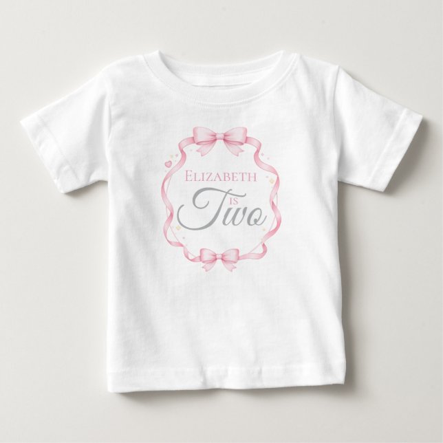Camiseta Pink Bow Coquette Elizabeth is Two 2nd Birthday (Frente)