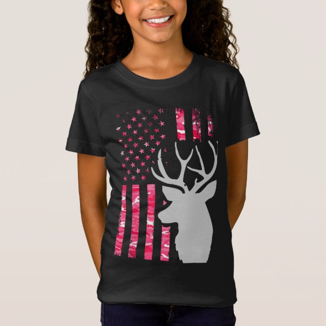 Camiseta Pink Camo American Flag Camouflage Buck Hunting Wo (Frente)