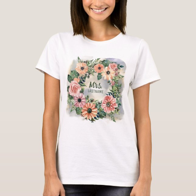 Camiseta Pink Daisy Watercolor Mr. + Mrs. Just Married (Frente)