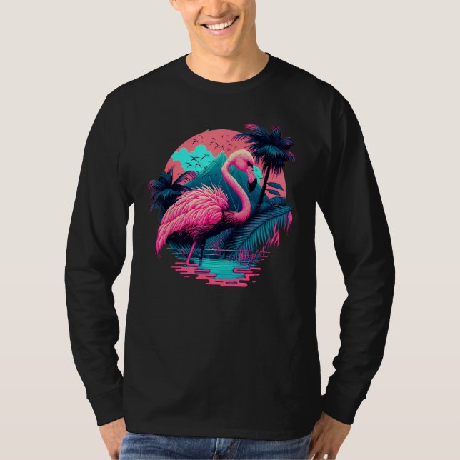Camiseta Pink Flamingo Retro Synthwave Pineapple Tropical S (Frente)