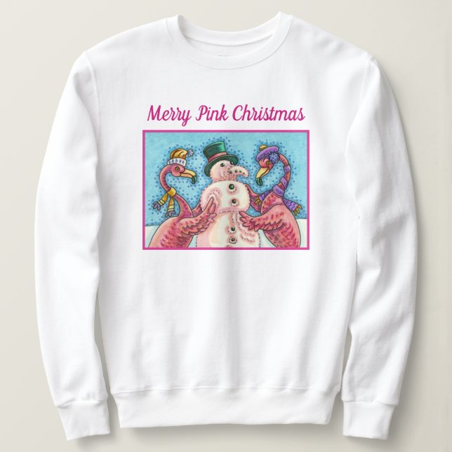 CAMISETA PINK FLAMINGOS FAZEM NEVE, AVES DE NATAL ENGRAÇADO (Frente do Design)