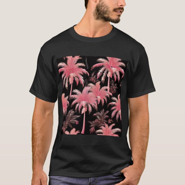 camiseta "Pink Palms Black Tee - Tropical Elegance (Frente)