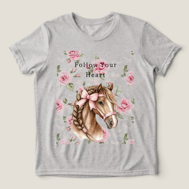 Camiseta Pink Roses Floral Pretty Horse Pink Bow (Design frontal)