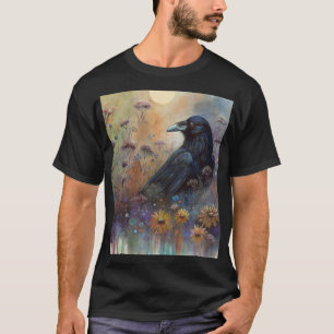 Camiseta Pintado à Mão Raven com Flores Selvagens