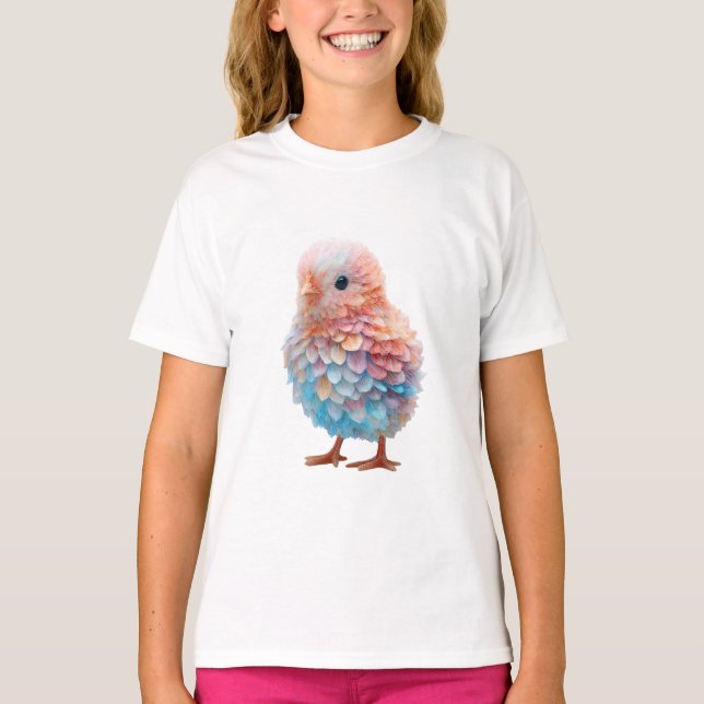 Camiseta Pintinho Bebê Penugem Arco-Íris Pastel Crianças (Frente)