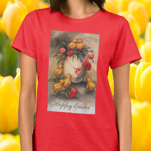 Camiseta Pintinhos de Páscoa com Flores de Tulipas Vermelha