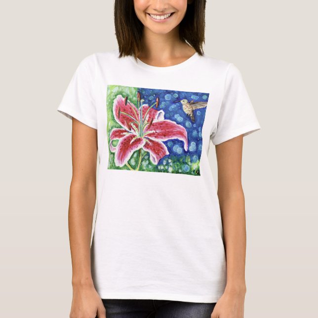 Camiseta Pintor Hummingbird e Stargazer Lily (Frente)