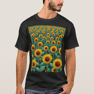 Camiseta Pintura a óleo. Campo de girassol. Arte moderna