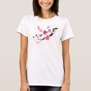 Camiseta Pintura artística da flor de cerejeira rosa da pri