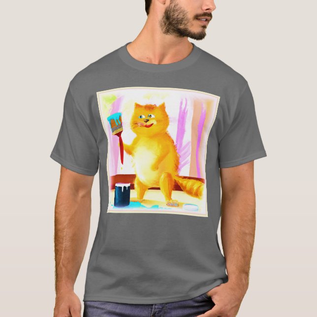 Camiseta Pintura Bela De Um Gato Segurando Um Pincel. Compr (Frente)