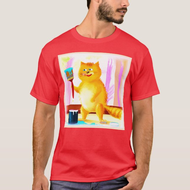 Camiseta Pintura Bela De Um Gato Segurando Um Pincel. Compr (Frente)
