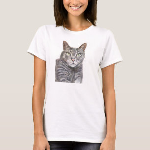 Camiseta Pintura cinzenta dos olhos verdes do gato