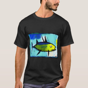 Camiseta Pintura Colorida de Peixes Tropicais em Azul e Ama