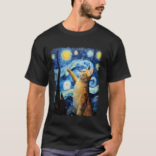 Camiseta Pintura da Noite Estrelada com Gato Laranja Abissí