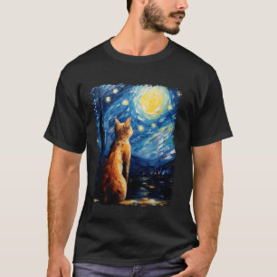 Camiseta Pintura da Noite Estrelada com Gato Laranja Abissí