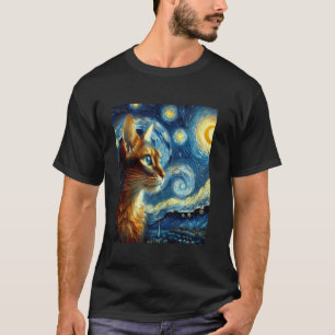 Camiseta Pintura da Noite Estrelada com Gato Laranja Abissí
