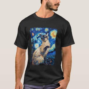 Camiseta Pintura da Noite Estrelada com Gato Siames