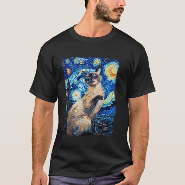 Camiseta Pintura da Noite Estrelada com Gato Siames (Frente)