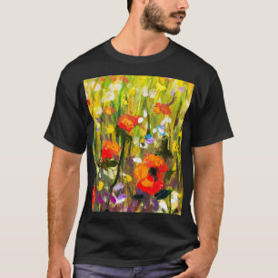 Camiseta Pintura de Abstrato de Campo de Poppies Vermelhos