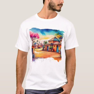Camiseta Pintura de Aquarela Colorida African Village