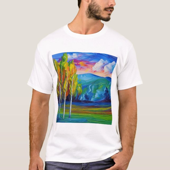 Camiseta Pintura de árvores verdes montanhas azuis (Frente)